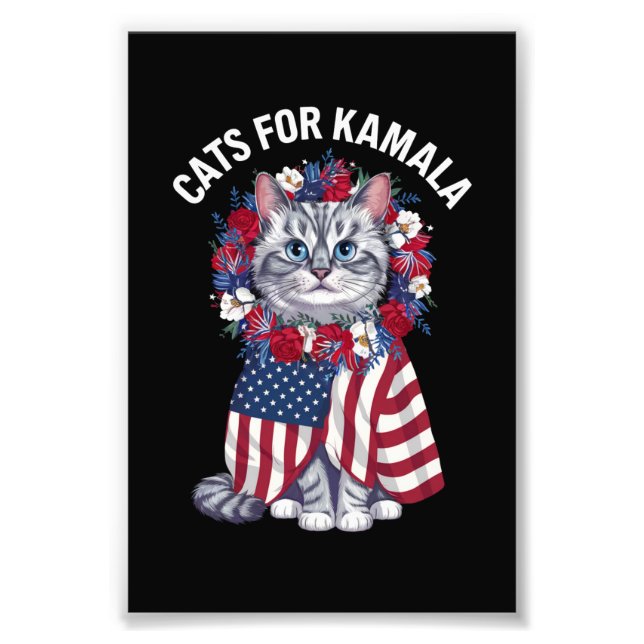 Cat For Kamala Cat Flowers American USA Flag 2024  Photo Print (Front)