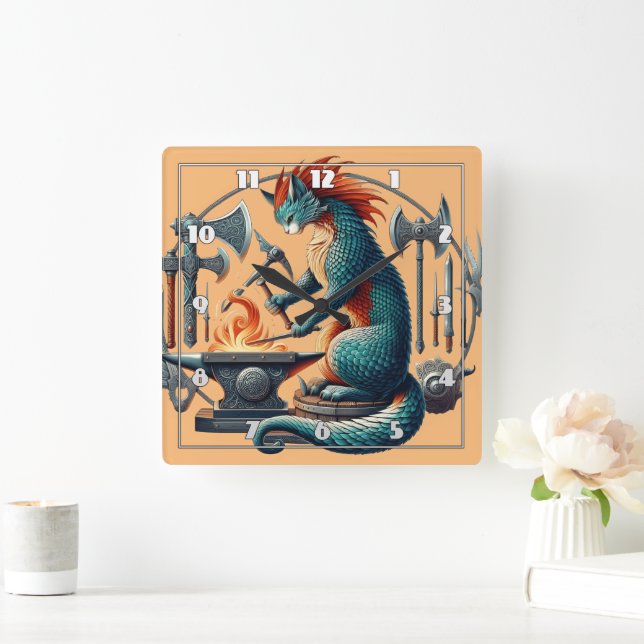 Cat Forging Weapons at a Mediaeval Anvil Square Wall Clock (Home)