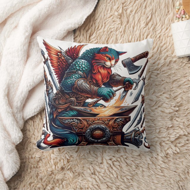 Cat Forging Weapons in Fantasy Workshop Cushion (Blanket)