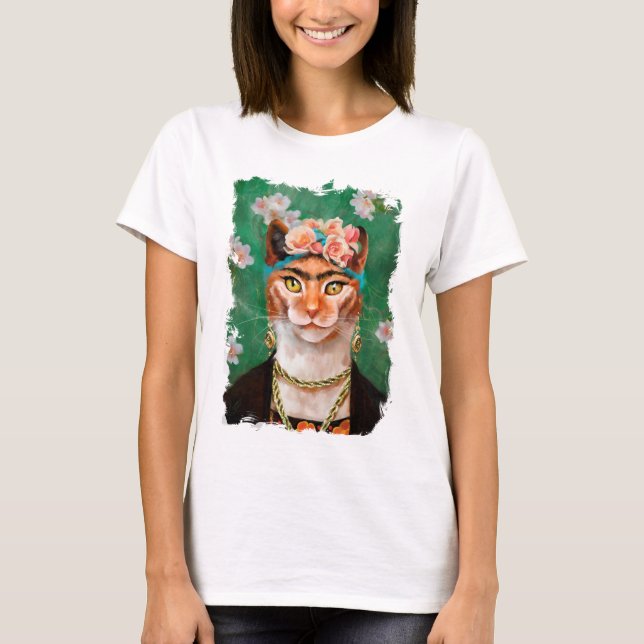 cat Frida with flowers T-Shirt (Front)