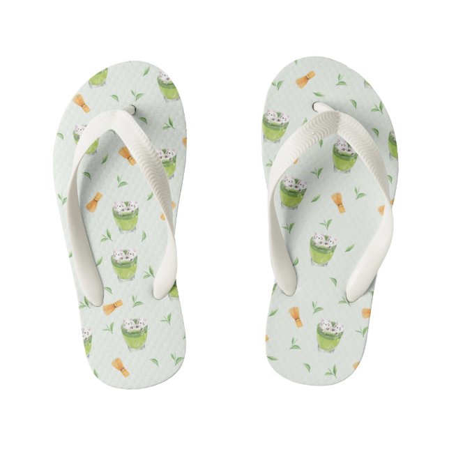Cat Froth Matcha Green Tea Pattern Kid's Jandals (Footbed)