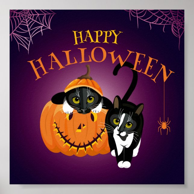 Cat fun at Halloween playing with the Pumpkins Poster (Front)