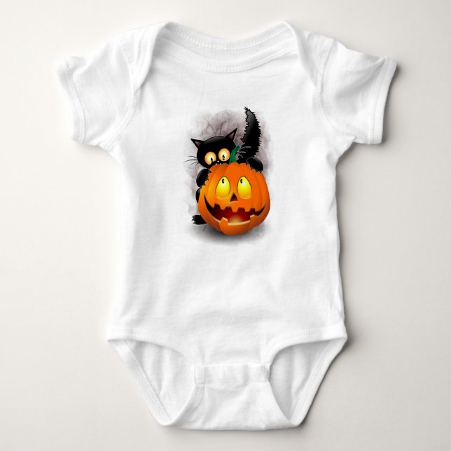 Cat Fun Halloween Character biting a Pumpkin Baby Bodysuit (Front)