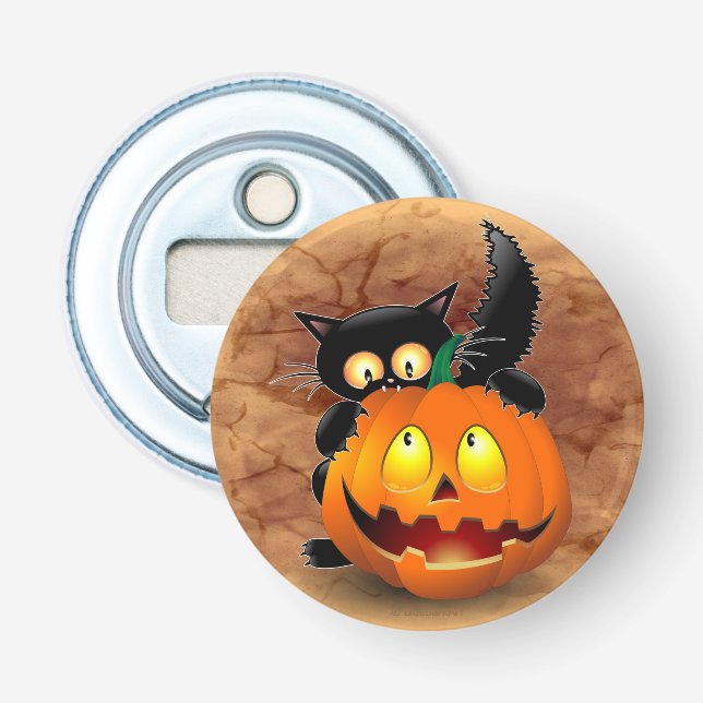 Cat Fun Halloween Character biting a Pumpkin  Bottle Opener (Front)
