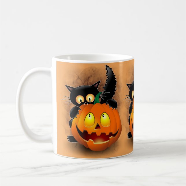 Cat Fun Halloween Character biting a Pumpkin    Coffee Mug (Left)