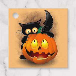 Cat Fun Halloween Character biting a Pumpkin Favour Tags