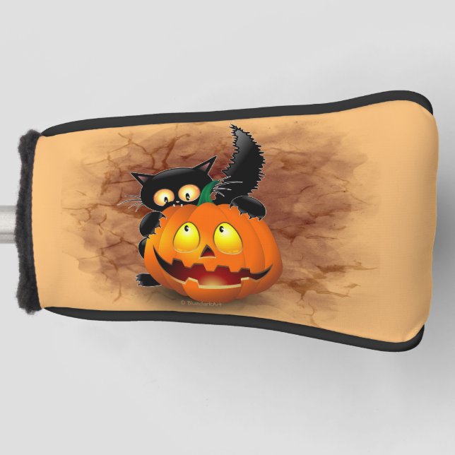 Cat Fun Halloween Character biting a Pumpkin Golf Head Cover (Front)