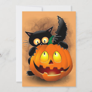 Cat Fun Halloween Character biting a Pumpkin   Invitation