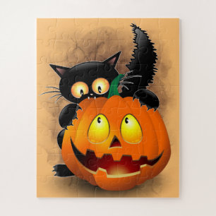 Cat Fun Halloween Character biting a Pumpkin Jigsaw Puzzle