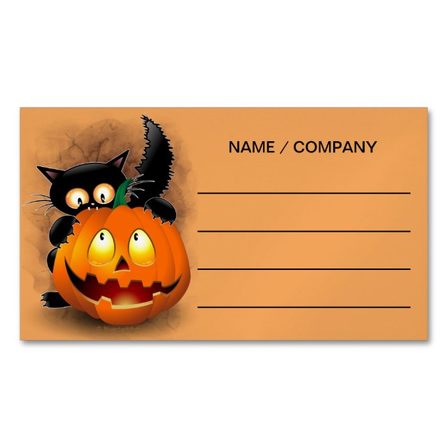 Cat Fun Halloween Character biting a Pumpkin Magnetic Business Card (Front)