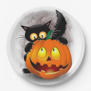 Cat Fun Halloween Character biting a Pumpkin Paper Plate