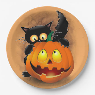 Cat Fun Halloween Character biting a Pumpkin Paper Plate