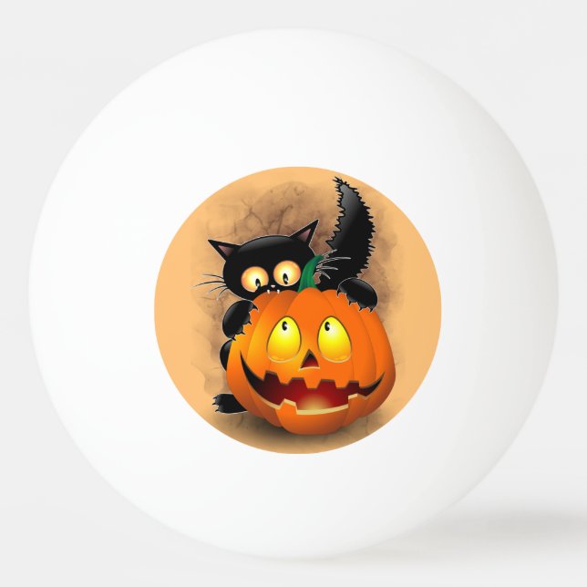 Cat Fun Halloween Character biting a Pumpkin Ping Pong Ball (Front)