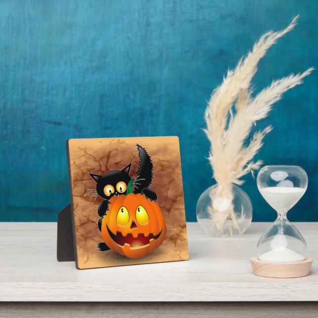 Cat Fun Halloween Character biting a Pumpkin Plaque (Insitu)