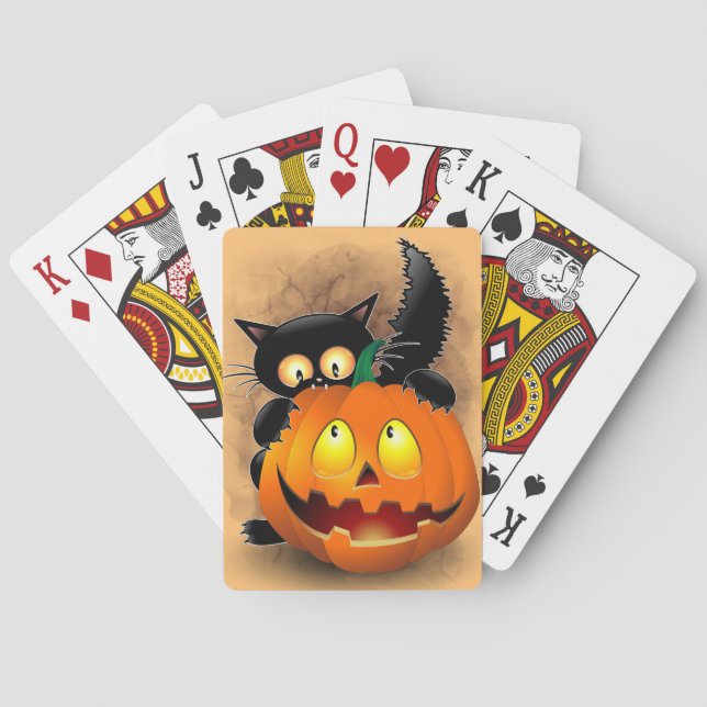 Cat Fun Halloween Character biting a Pumpkin Playing Cards (Back)
