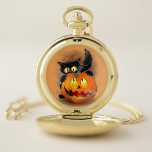 Cat Fun Halloween Character biting a Pumpkin  Pocket Watch