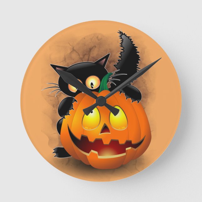 Cat Fun Halloween Character biting a Pumpkin Round Clock (Front)