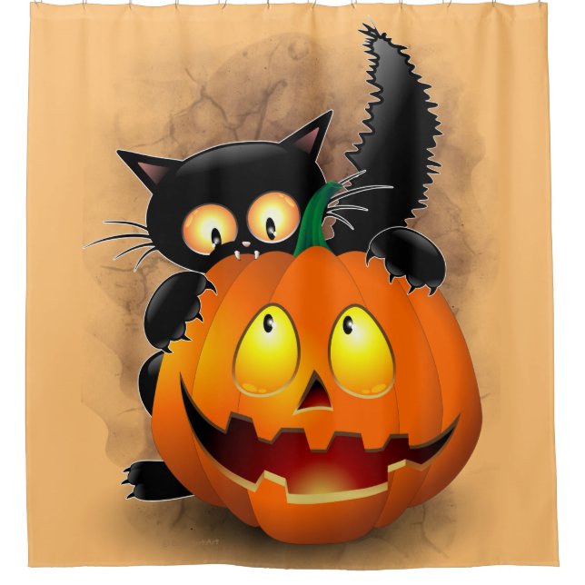Cat Fun Halloween Character biting a Pumpkin Shower Curtain (Front)