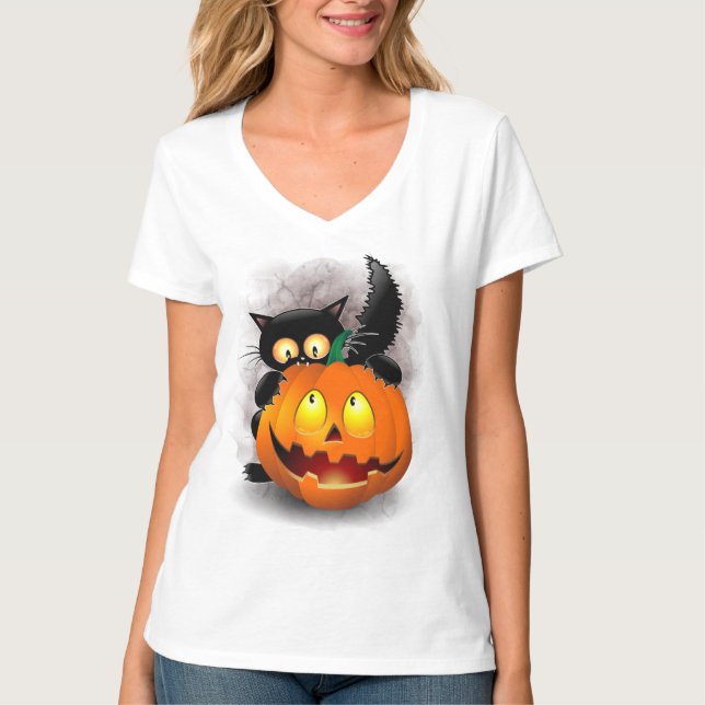 Cat Fun Halloween Character biting a Pumpkin T-Shirt (Front)