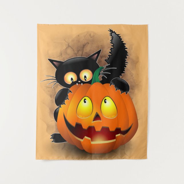 Cat Fun Halloween Character biting a Pumpkin Tapestry (Front)