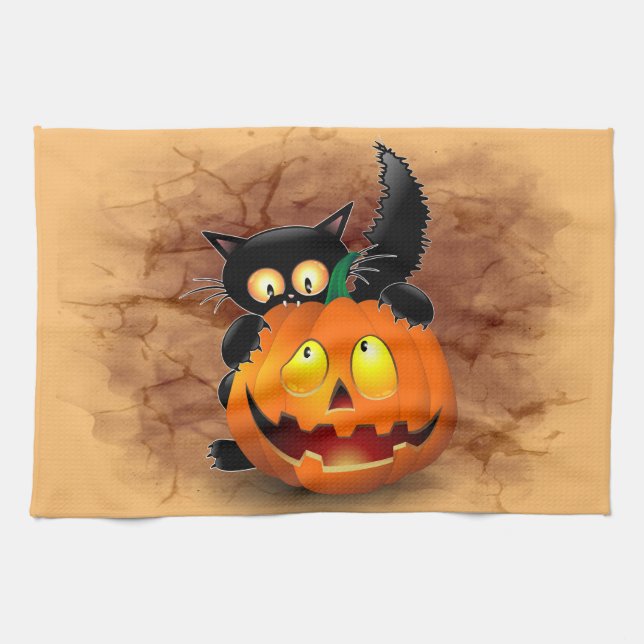 Cat Fun Halloween Character biting a Pumpkin Tea Towel (Horizontal)