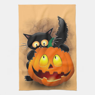 Cat Fun Halloween Character biting a Pumpkin Tea Towel