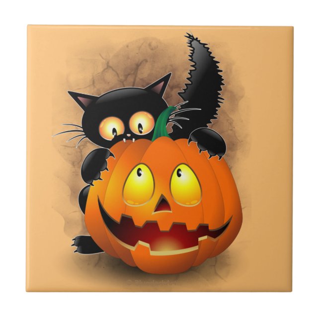 Cat Fun Halloween Character biting a Pumpkin Tile (Front)