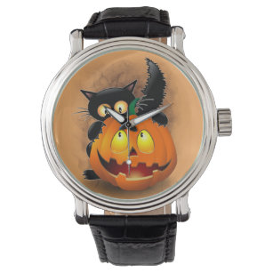 Cat Fun Halloween Character biting a Pumpkin Watch