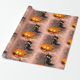 Cat Fun Halloween Character scared by a Pumpkin  Wrapping Paper