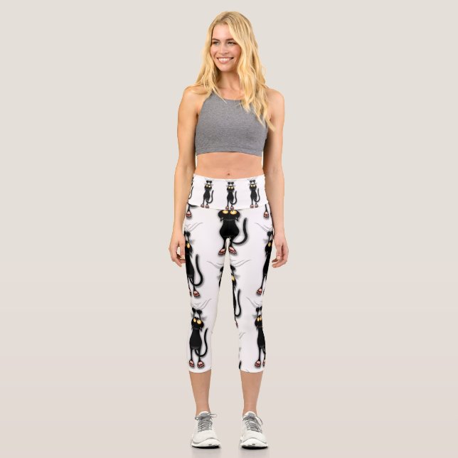 Cat funny Character Scratching Fabric Capri Leggings (Front)