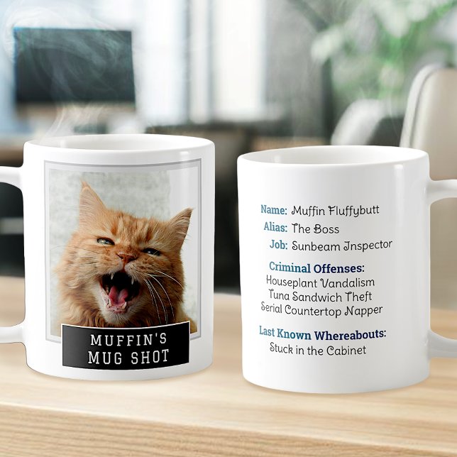 Cat Funny Novelty Mugshot Personalised Photo Text Coffee Mug (Creator Uploaded)