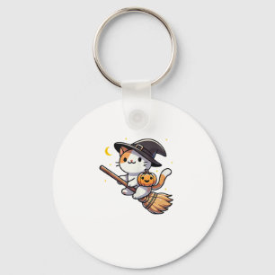 Cat Funny Witch Halloween Costume Broom Stick Boys Key Ring