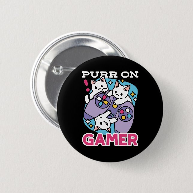  Cat Gamer Design - Purr On Gamer Joystick Art 6 Cm Round Badge (Front & Back)