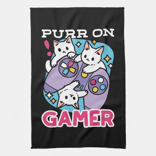  Cat Gamer Design - Purr On Gamer Joystick Art Tea Towel (Vertical)
