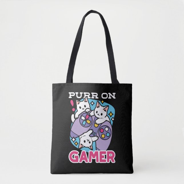  Cat Gamer Design - Purr On Gamer Joystick Art Tote Bag (Front)