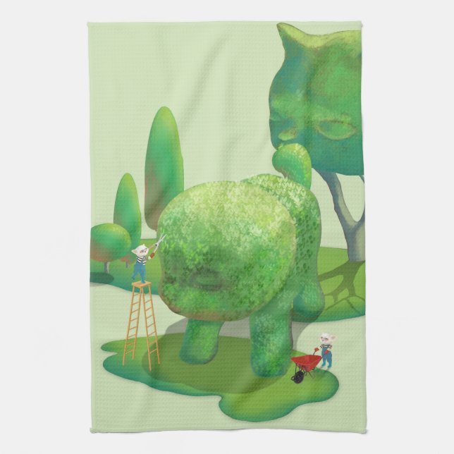 Cat Gardeners and Green Animal Bush Tea Towel (Vertical)