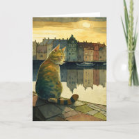 Cat Gazing at Danish Buildings Across Water