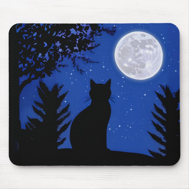 Cat Gazing at the Full Moon Mouse Pad (Front)