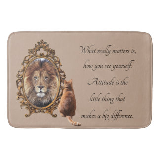 Cat Gazing Mirror Lion Inspirational Text Vintage  Bath Mat