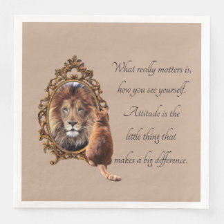 Cat Gazing Mirror Lion Inspirational Text Vintage  Napkin