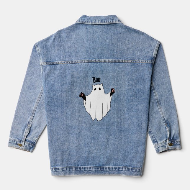 Cat Ghost Boo Halloween Funny Spooky Black Cat  Denim Jacket (Back)