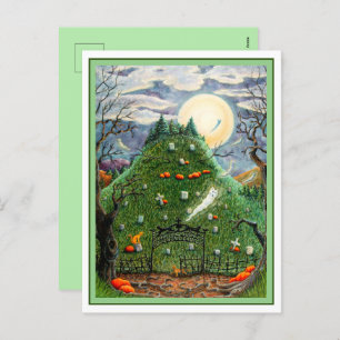 CAT GHOSTS IN NINE LIVES CEMETERY, SPOOKY FOLK ART HOLIDAY POSTCARD