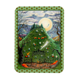 CAT GHOSTS IN NINE LIVES CEMETERY, SPOOKY FOLK ART MAGNET