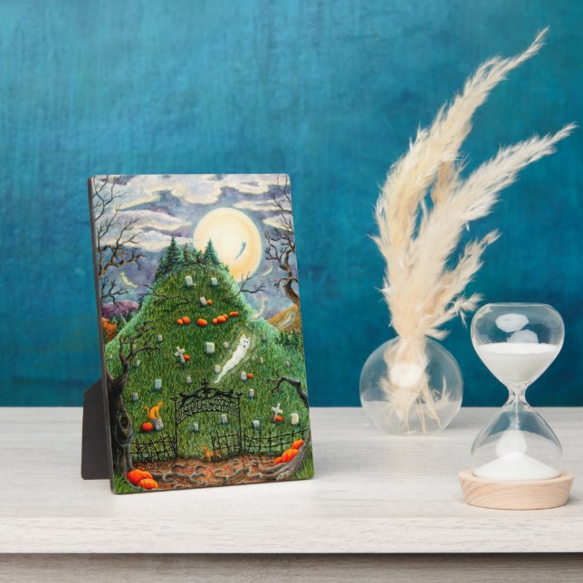 CAT GHOSTS IN NINE LIVES CEMETERY, SPOOKY FOLK ART PLAQUE (Side)