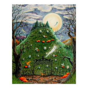 CAT GHOSTS IN NINE LIVES CEMETERY, SPOOKY FOLK ART POSTER