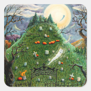 CAT GHOSTS IN NINE LIVES CEMETERY, SPOOKY FOLK ART SQUARE STICKER