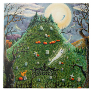 CAT GHOSTS IN NINE LIVES CEMETERY, SPOOKY FOLK ART TILE
