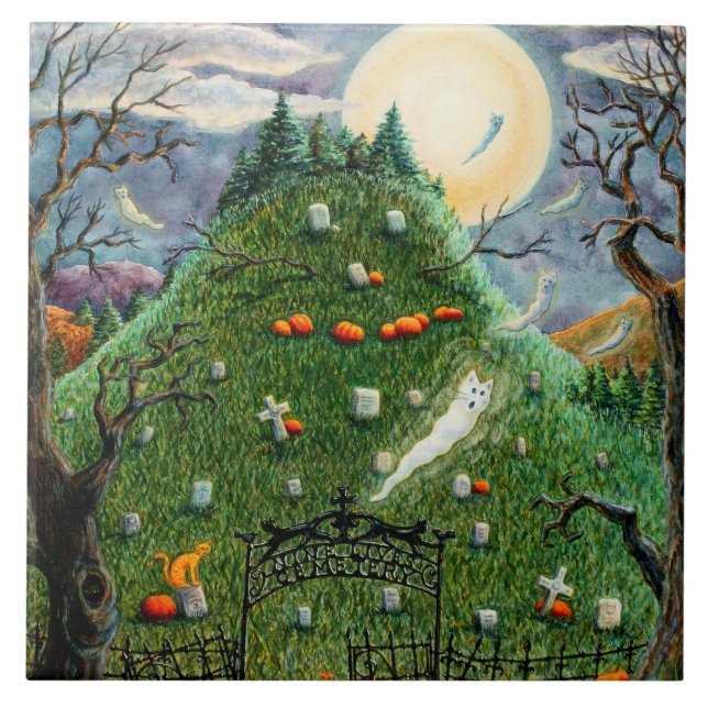 CAT GHOSTS IN NINE LIVES CEMETERY, SPOOKY FOLK ART TILE (Front)