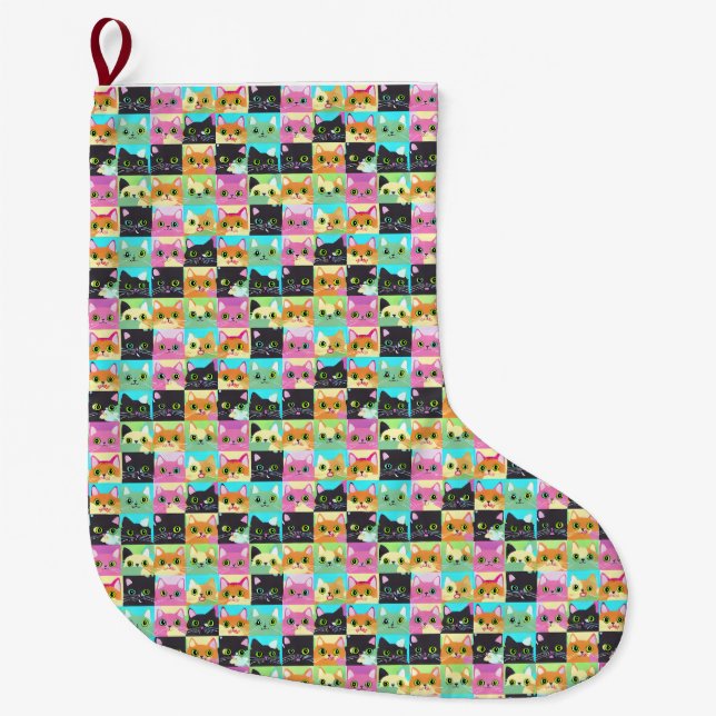 Cat Gift | Cute Kawaii Cat Pattern Large Christmas Stocking (Front)