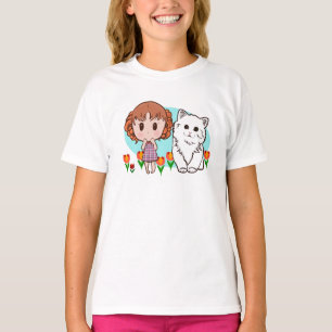 cat, girl and tulips T-Shirt